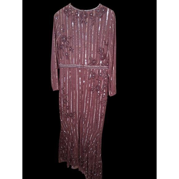 MAC DUGGAL Jewel Lined Neck Long Sleeve Tea Length Rosewood Floral Beaded Sz 12 - Picture 2 of 14